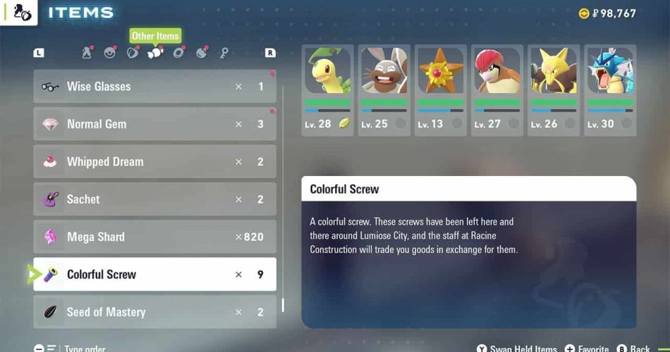 Что делать с разноцветными винтами в Pokemon Legends ZA